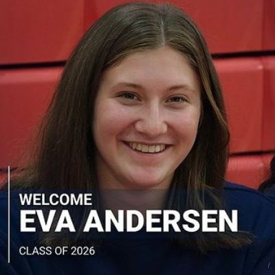 Eva Andersen can be seen smiling in the picture as the text welcoming her is written below her face.